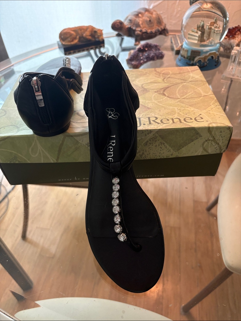 J.Renee Black T-Strap Sandals with Crystal Accents